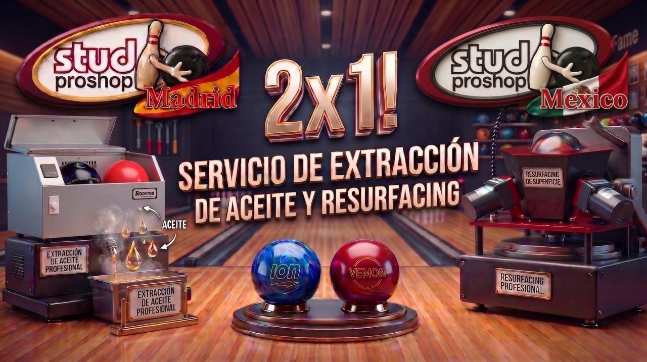 2x1 en servicio de extracción de aceite y resurfacing de bolas de boliche. Stud Proshop Madrid y México.