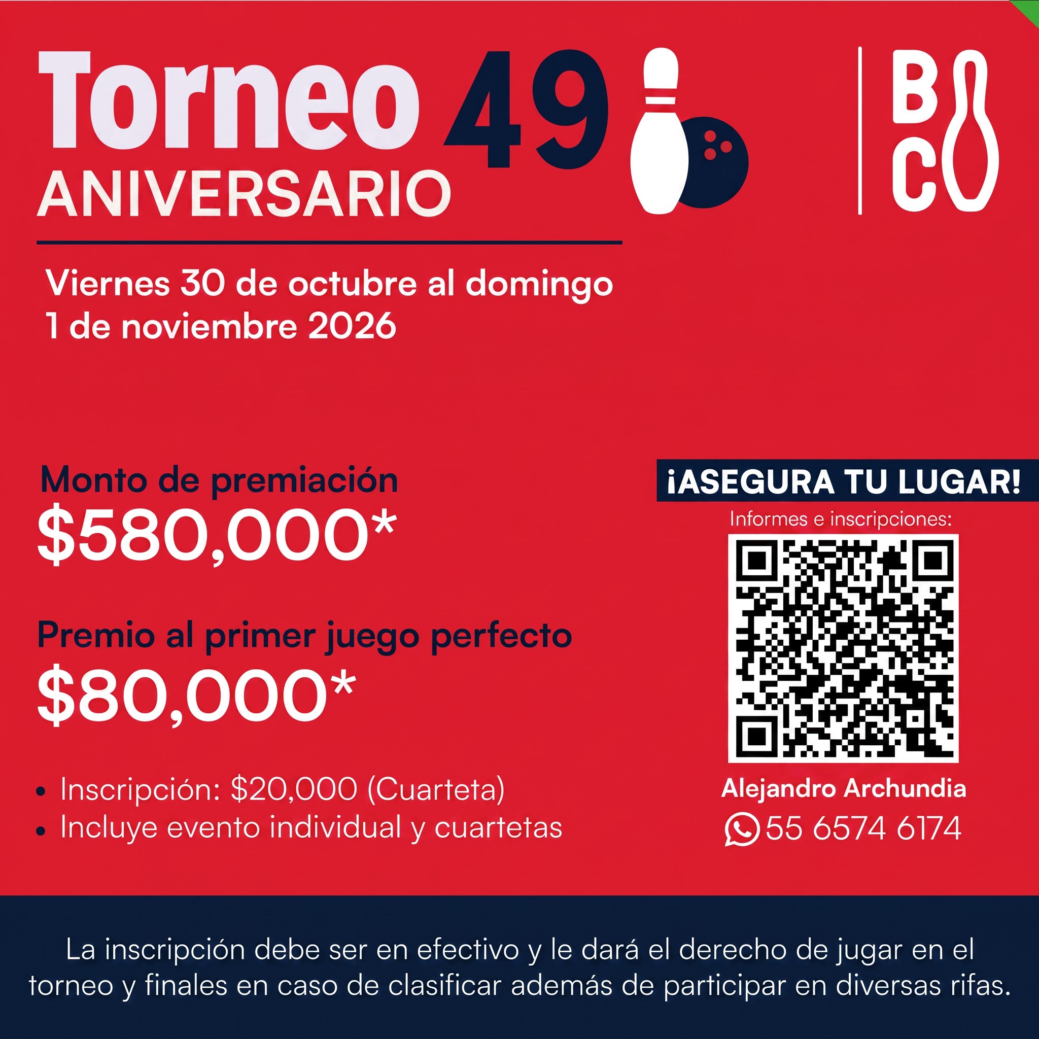 Banner oficial del Torneo 49 Aniversario Bolerama Coyoacán: 30 de octubre al 1 de noviembre de 2026, premiación $580,000